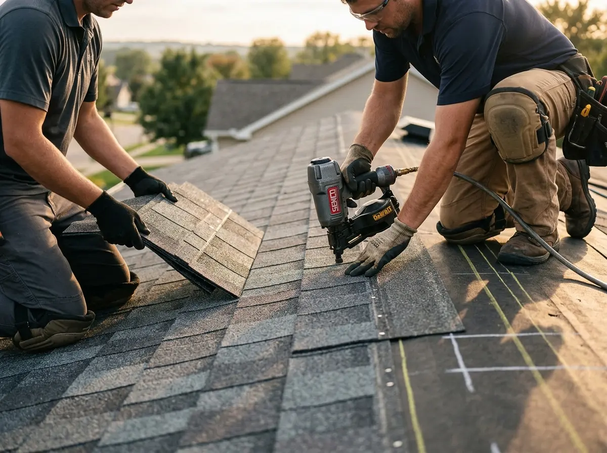 Professional roofer working on a residential roof in Asbury